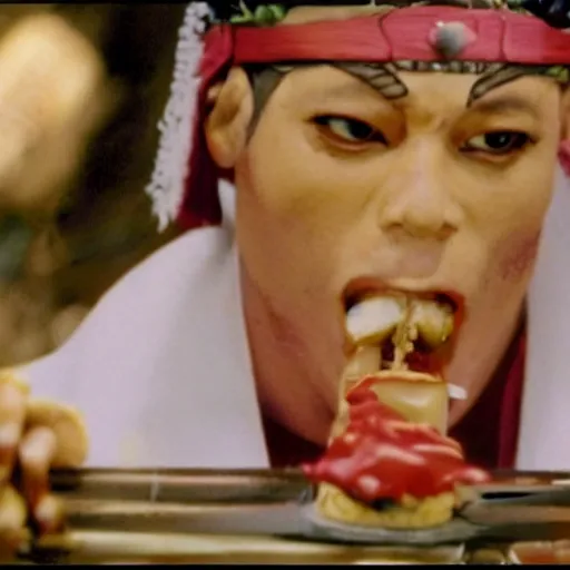 Image similar to scene from Kagemusha, 1980, movie still, cinematic, a samurai eating a hot dog, mustard and ketchup,