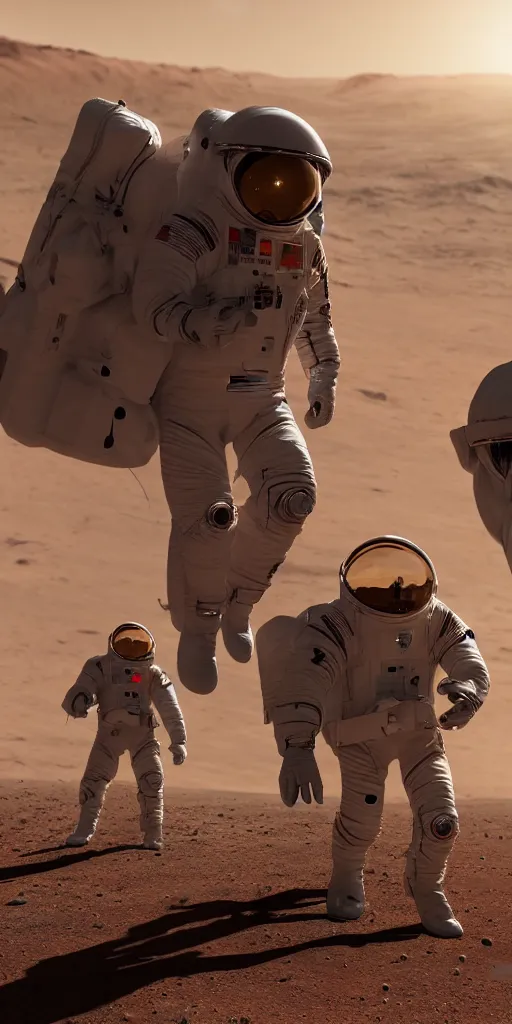 Image similar to concept art, american astronauts landing on mars, musk's mars migration program, new lightweight spacesuit, backlight, epic, high detail, 8 k, octane rendering, unreal engine.