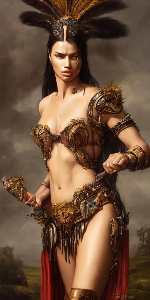 Prompt: the portrait of adriana lima as amazon in intricate dress by roberto ferri, fantasy, witcher, very detailed oil painting, masterpiece, 8 k