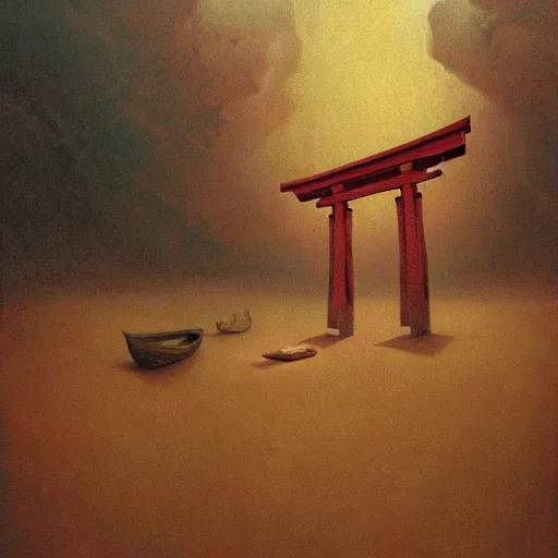 Image similar to A beautiful painting of A Torii!!!!! over a plain by Zdzisław Beksiński and Ilya Repin,In style of Post-Apocalyptic.digital art, illustration,hyper detailed,smooth, sharp focus,trending on artstation,oil on the canvas,4k