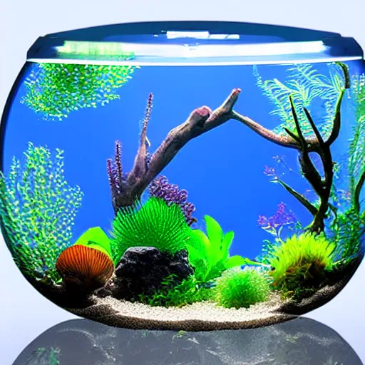 Prompt: An transparent spherical aquarium containing many fantasy fish, high detail, complex, 8k