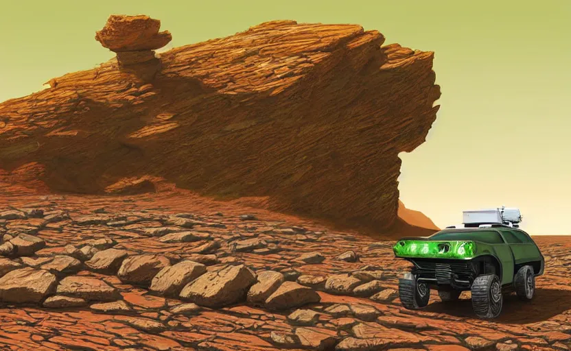 Prompt: on mars, two green alien Martians are hiding behind rocks, a white nasa rover rolls around, digital color illustration in the style of James Gurney