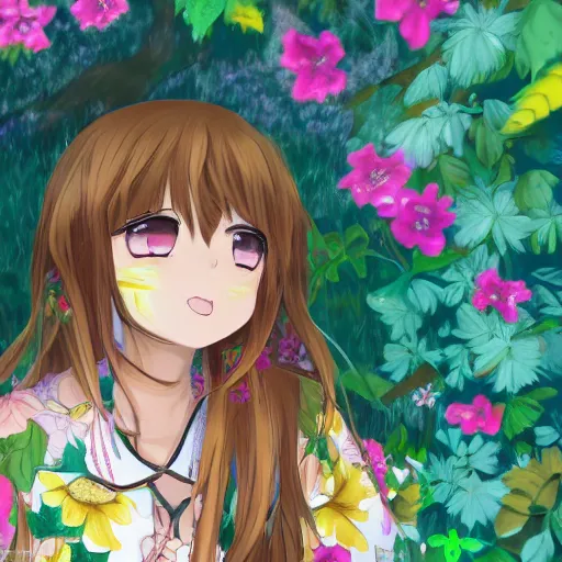 Image similar to colorful and cute young plus size hispanic anime girl with tan skin, brown long hair with bangs, wearing yellow floral dress in a forest. close up, pastel colors, ambient lighting, soft lighting, 4 k, atmospheric lighting, painted, intricate, highly detailed by natsuki takaya