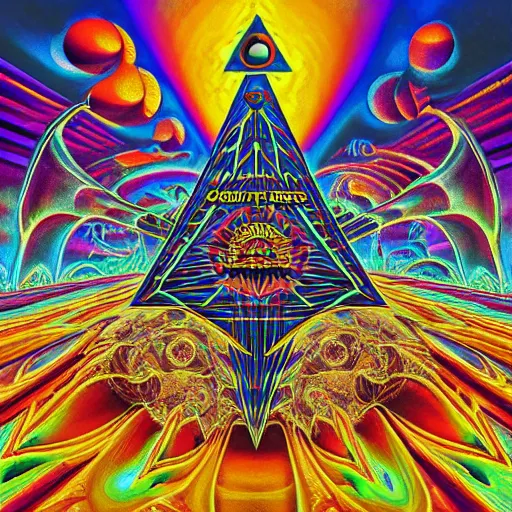 Image similar to Psychedelic Inter-dimensional freemasonic occultic chequered trippy dreamscape in the style of a photo-realistic album cover by Howard Finster, Michael Cheval (unreal engine, 3d highly detailed, 8k, UHD, fantasy, dream, otherworldly, bizzare, spirals, colourful, vivid)