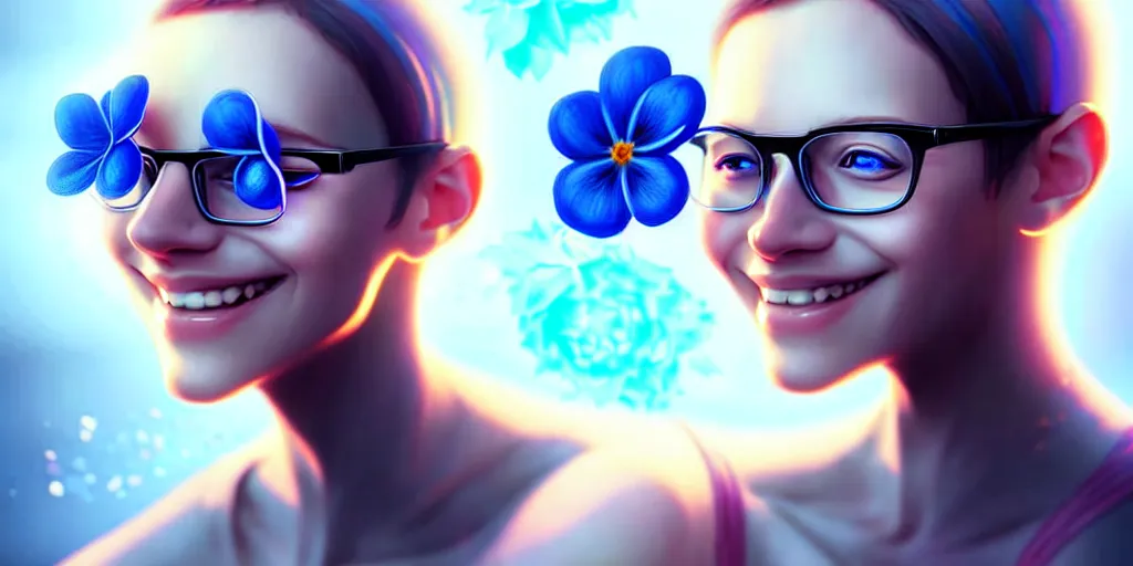 Image similar to epic professional digital art of a smiling bread toast wearing 👓 and a blue flower, best on artstation, cgsociety, wlop, cosmic, epic, stunning, gorgeous, much detail, much wow, masterpiece, backlight