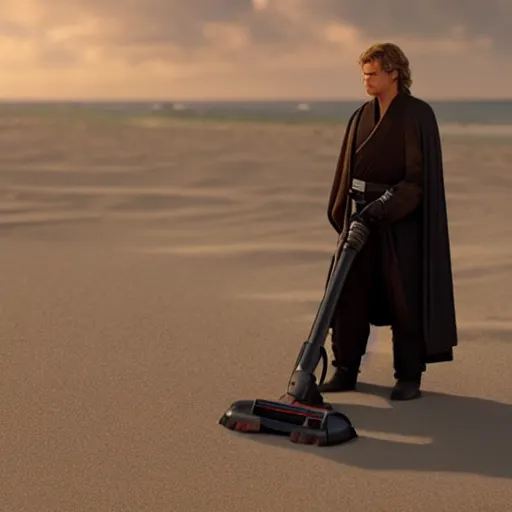 Image similar to anakin skywalker vacuuming the beach for sand, 4k, photorealistic,