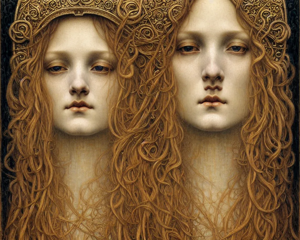 Image similar to detailed realistic beautiful young medieval queen face portrait by jean delville, gustave dore and marco mazzoni, art nouveau, symbolist, visionary, gothic, pre - raphaelite. horizontal symmetry