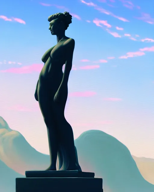 Image similar to a painting of a woman standing in front of a statue, a screenshot by stanley twardowicz, cgsociety, aestheticism, aesthetic, vaporwave, anime aesthetic