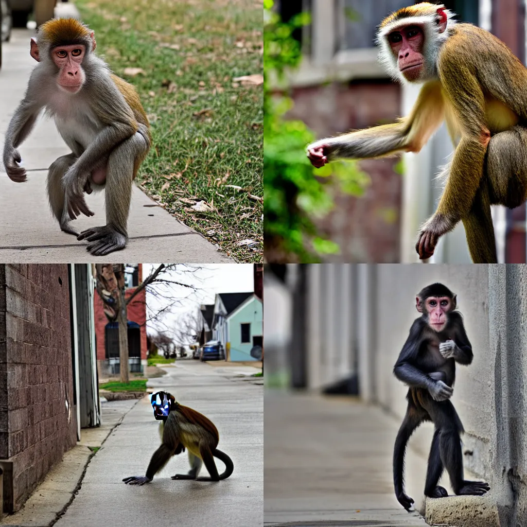 Prompt: a monkey walking through the streets of st. peters, missouri