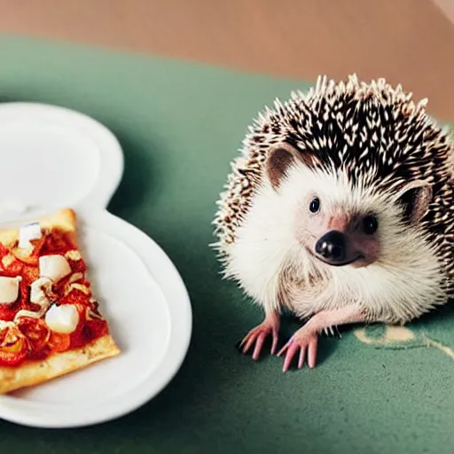 Prompt: still image of a cute hedgehog sitting at a tiny table eating a tiny pizza, photo