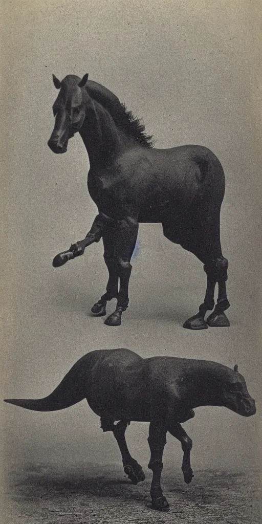 Prompt: [ [ [ [ [ t rex ] ] ] ] ] and a horse with leg, hand, walk, soft, black and white, photograph, 1 8 5 0 s