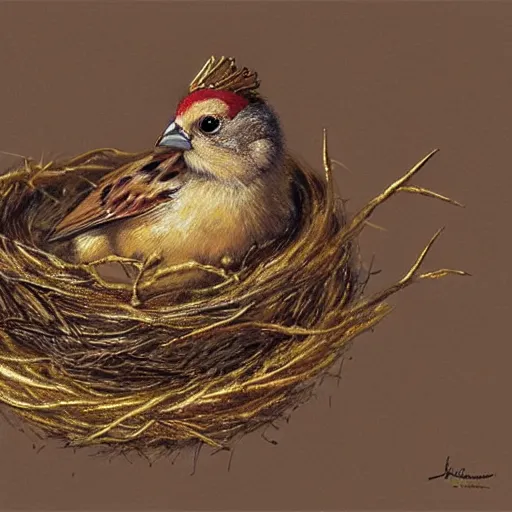 Image similar to long shot of a cute furry sparrow chick nesting in a golden metal crown, by esao andrews, by m. w. kaluta, volumetric light, fresh colors, ultra humorous oil painting, realistic reflections, floral background, smooth, concept art, depth perception, high depth of field, 4 k, unreal engine 5, ultradetailed, hyperrealistic, trending on artstation