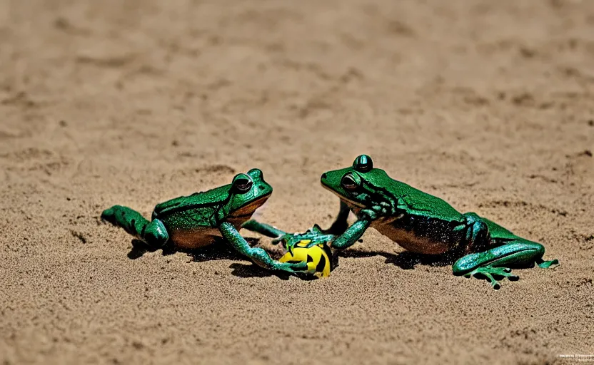 Image similar to frogs playing beach volleyball tornado, highly detailed, extremely high quality, hd, 4 k, 8 k, professional photographer, 4 0 mp, lifelike, top - rated, award winning, cinematic, realistic, detailed lighting, detailed shadows, sharp, no blur, edited, corrected, trending