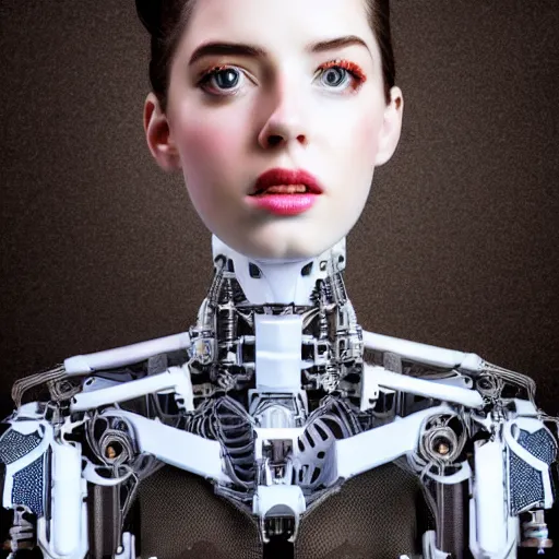 Prompt: beautiful Fine art photo portrait of enraptured Sarah Mcdaniel as a solarpunk robotic goddess, white mechanical parts with led lights, photorealistic, white background, highly detailed and intricate, studio lighting, HDR 8k