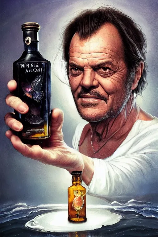 Prompt: a ship in a bottle but instead of a ship it is jack nicholson in the bottle, masterpiece painting by artgerm, greg rutkowski, tom bagshaw