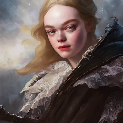 Image similar to leyendecker and peter paul rubens, head and shoulders portrait of a elle fanning in bloodborne, nighttime, starry sky, unreal engine, fantasy art by global illumination, radiant light, detailed and intricate environment