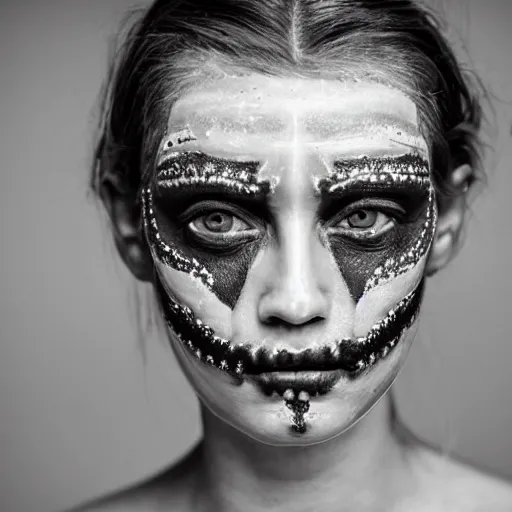 Image similar to minimalist photography portrait of an elaborately adorned germanic medicine woman, face mud, symmetrical, super close up, mid thirties, pagan, cute round slanted eyes, sunburnt skin, wide nostrils, high cheekbones, high flat eyebrows, ethereal essence, angelic, leica 1 0 0 mm f 0. 8