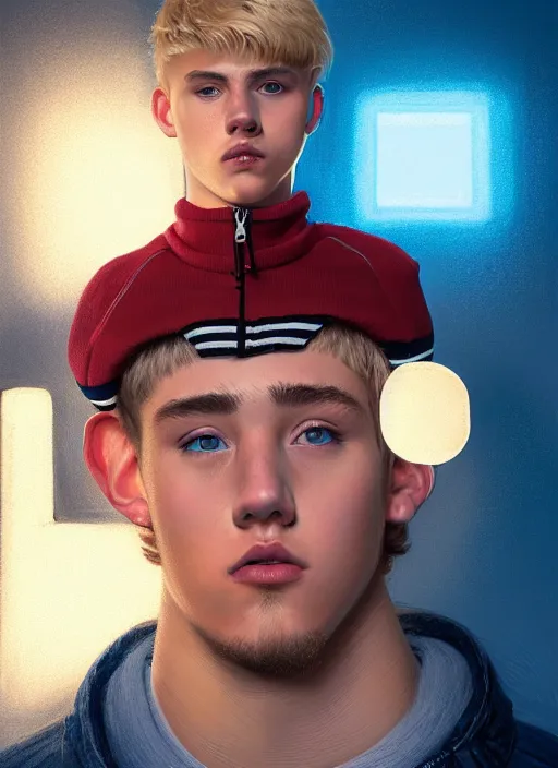 Image similar to portrait of high school senior boy named big moose, blonde short hair, jock, beefy, wide face, square jaw, square facial structure, blue varsity jacket with letter r, intricate, elegant, glowing lights, highly detailed, digital painting, artstation, concept art, sharp focus, illustration, art by wlop, mars ravelo and greg rutkowski