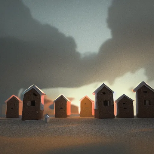 Prompt: houses made of clay, digital art, octane render, blender, artstation, vaponpunk, sunset, 8k, soft light, ray tracing, wet ground