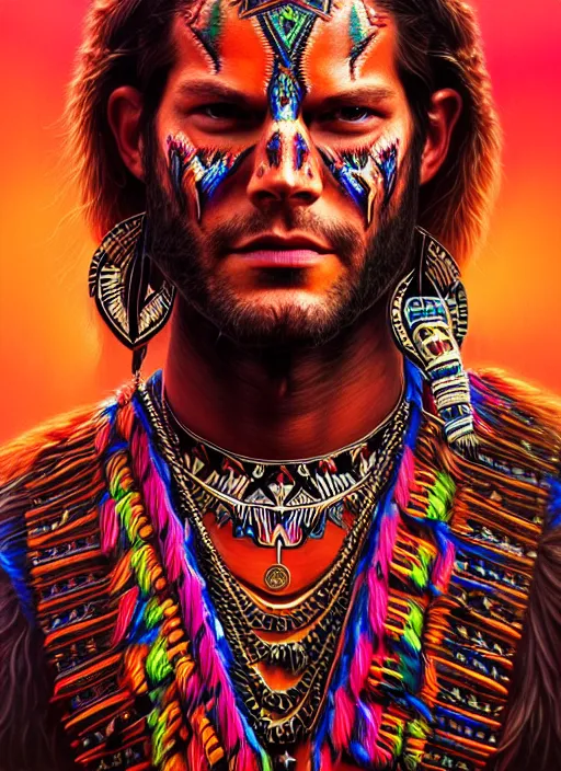 Image similar to portrait of jared padalecki, hyper detailed ultra sharp aztec shaman warrior. trending on artstation, warpaint aesthetic, bloodwave, colorful, psychedelic, ornate, intricate, digital painting, concept art, smooth, sharp focus, illustration, art by artgerm and greg rutkowski and h. r. giger, 8 k