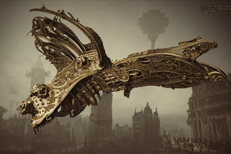 Prompt: highly detailed gigantic luxury baroque gothic steampunk birdshaped spaceship made of bone, rendered in unreal engine 5, cryengine, arnold and zbrush, volumetric lighting