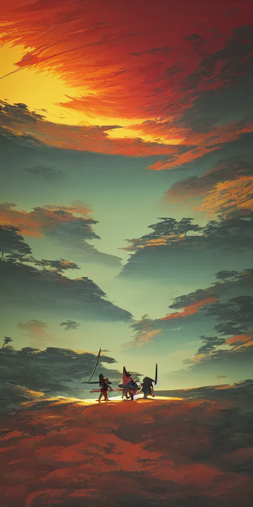 Image similar to duel of two samurai!!! a highly detailed cinematic oil painting by roger dean and alena aenami, dynamic lighting