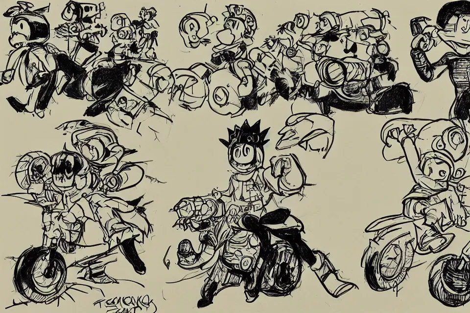 Image similar to concept sketches of a young boy riding a wearing a gold crown riding a large pig by jamie hewlett, in the style of megaman