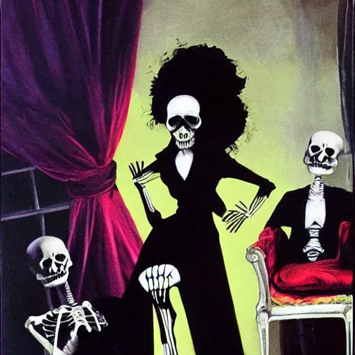 Image similar to a skeleton in a black suit tuxedo, talking to a beautiful woman in a low cut blouse and a miniskirt, Black light velvet painting by Basil Gogos and Robert McGinnis