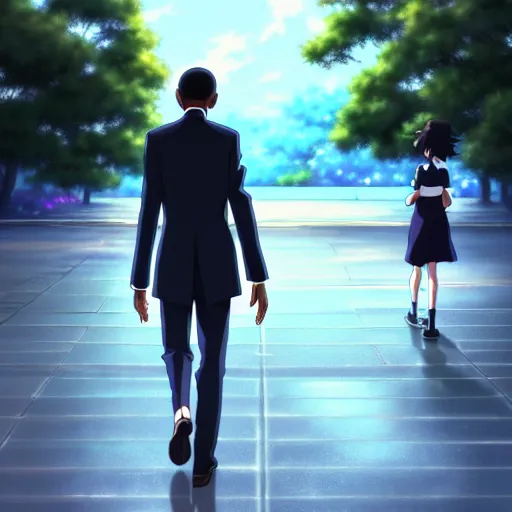 Image similar to beautiful makoto shinkai anime style digital painting portrait of barack obama at the white house walking away from michelle obama, heartbroken, 4 k, 8 k, hd, high resolution, highly detailed, intricate detail, ultra realistic faces, digital art, trending on artstation, your name, weathering with you