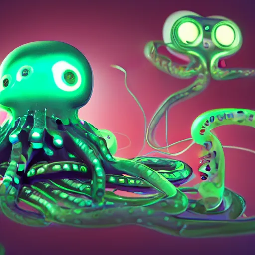 Prompt: an acqua green little octopus playing videogames, with various joypads in his tentacles, he is wearing a pair of headphones, black background, digital drawing, photoshop, high definition, good shading, artstation contest winner, octane render, discord profile picture, twitch emote