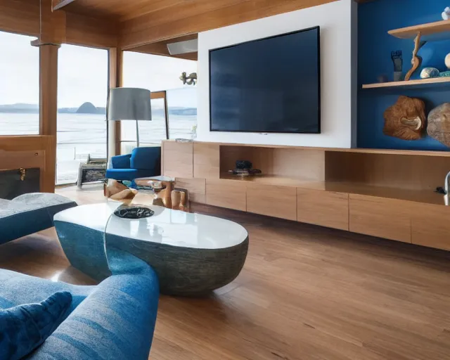 Prompt: A modern living room inspired by the ocean, a luxurious wooden coffee table with large seashells on it, A huge television, amazing detail, 8k resolution, blue color, calm, relaxed style, harmony, wide angle shot