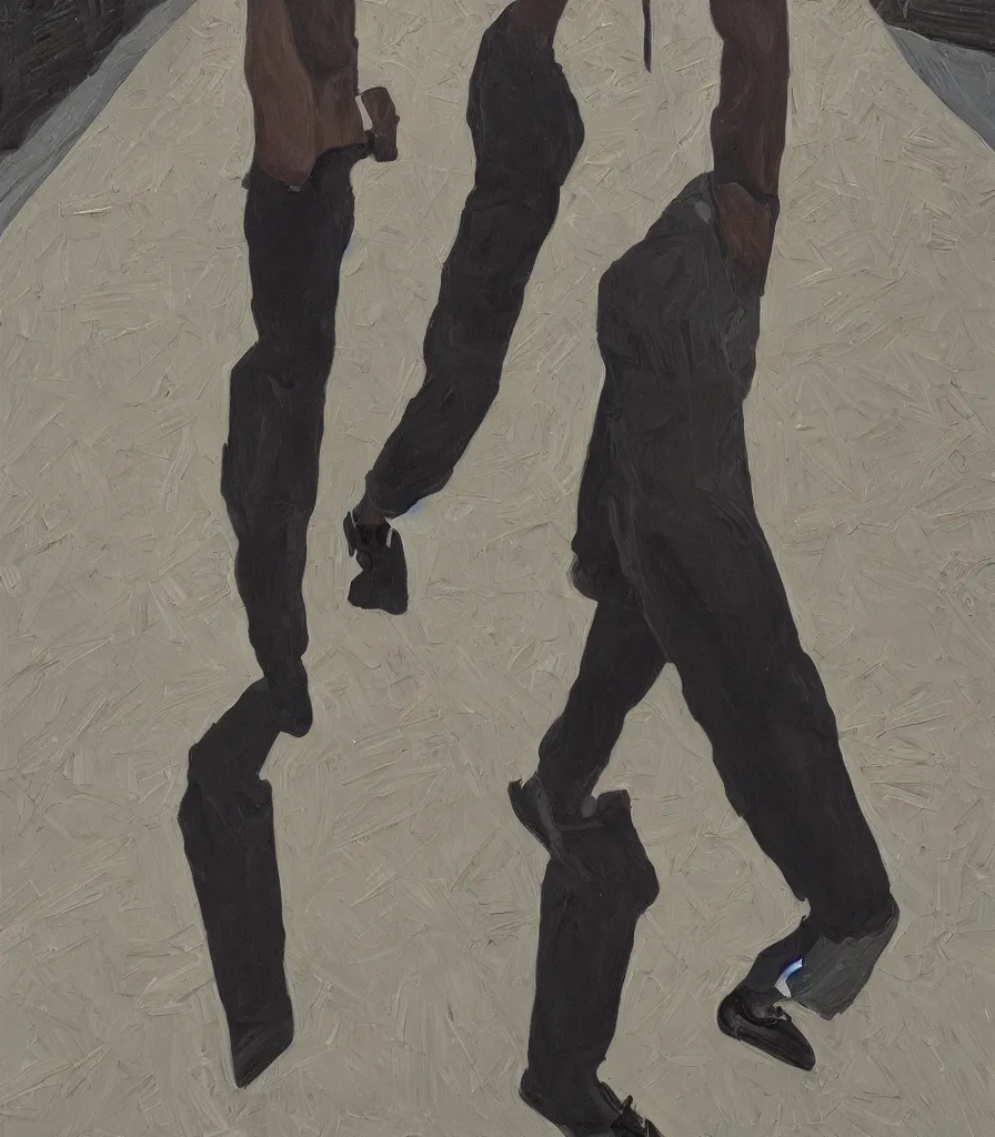 Image similar to portrait of a black man in the style of lucian freud walking towards us. camera perspective from below. hyperrealistic. discomfort