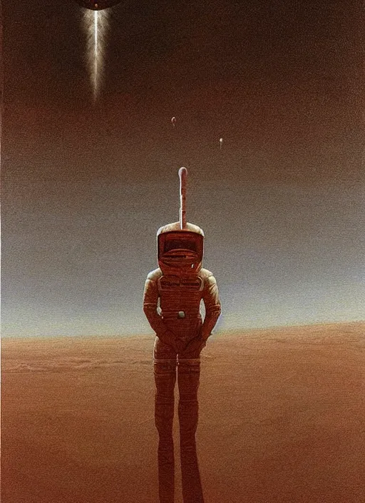 Prompt: A painting in a style of Beksinski featuring Elon Musk on mars. There is a group of rocket in the sky. Very detailed, symmetry