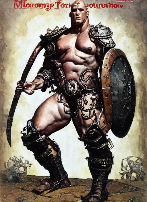 Image similar to full body portrait of martyn ford as the minotaur wearing leather and metal armour, dynamic action, by norman rockwell and jesper ejsing and tom lovell and frank schoonover