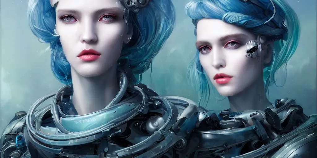 Prompt: a photorealistic seapunk portrait of a gorgeous cyborg with shadowy eyes and bonewhite hair, with black glossy lips, hyperrealistic, masterpiece, award - winning, 8 k, in the style of nekro, tom bagshaw, cedric peyravernay, peter mohrbacher