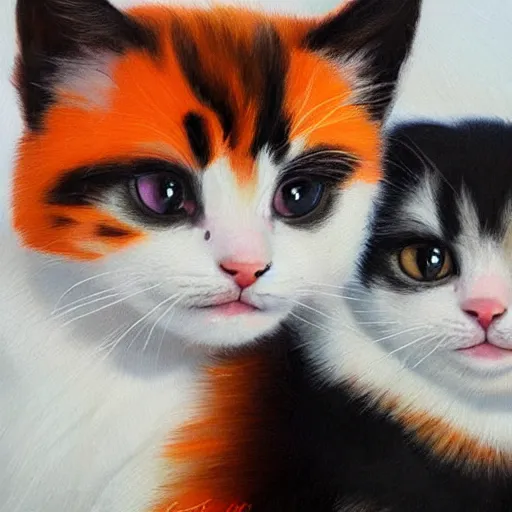 Image similar to close up of two beautiful calico kittens with orange, black and white colored fur, outside on a beautiful day, beautiful painting, featured on artstation, cgsociety, behance hd