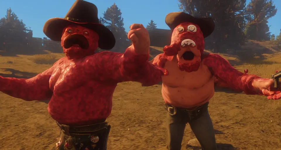 Prompt: Screenshot of Meatwad from Aqua Teen Hunger Force as a 3d cowboy in full cowboy attire in the videogame 'Red Dead Redemption 2'. Sharpened. 1080p. High-res. Ultra graphical settings.