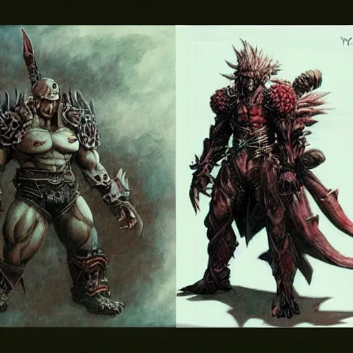 Image similar to final fantasy orc concept art yoshitaka amano, akihiko yoshida, moebius