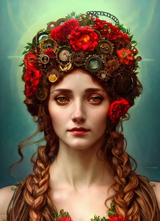 Image similar to the goddess demeter, straw wreath, full body, steampunk, glowing eyes, volumetric lights, red and cyan theme, art nouveau botanicals, intricate, highly detailed, digital painting, artstation, concept art, smooth, sharp focus, cinematic, illustration, beautiful face, art by artgerm and greg rutkowski and alphonse mucha