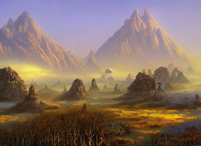 Image similar to The ash lands of Morrowind by Bruce Pennington, fantasy landscape, oil painting, 8k, featured on artstation, elegant, intricate