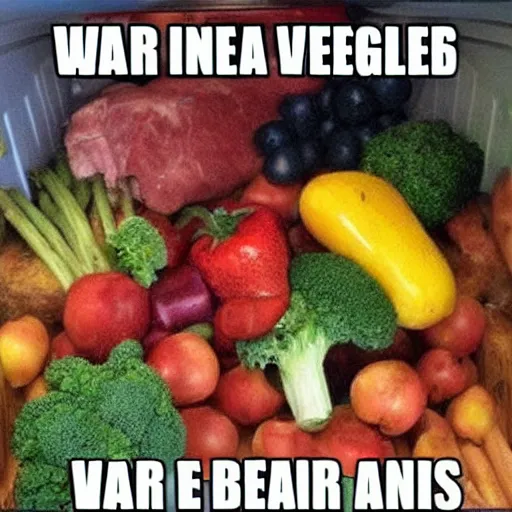 Prompt: war inside a refrigerator fruits and vegetables vs meat and chicken, whoever wins the war stays in the refrigerator mouth