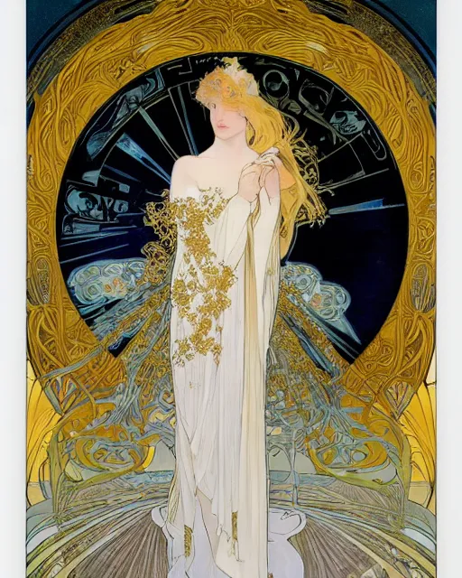 Prompt: portrait of an ethereal woman with pale hair and gold eyes wearing a flowing white and gold gown surrounded by wing motifs, alphonse mucha, kay nielsen, art nouveau, intricate, digital painting, concept art