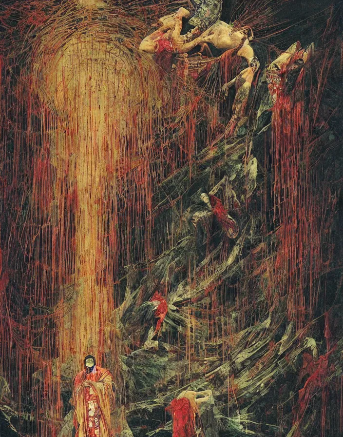 Prompt: worshippers in robes ascend a spiral staircase, spiral staircase, interior, beksinski painting, part by adrian ghenie and gerhard richter. art by takato yamamoto. masterpiece, deep colours