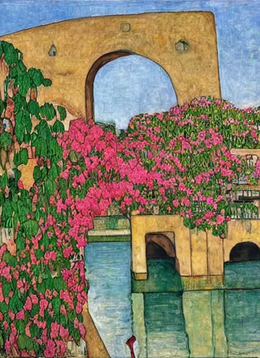 Image similar to ahwaz city in iran with a big arch bridge on local river, 2 number house near a lot of palm trees and bougainvillea, hot with shining sun, painting by egon schiele