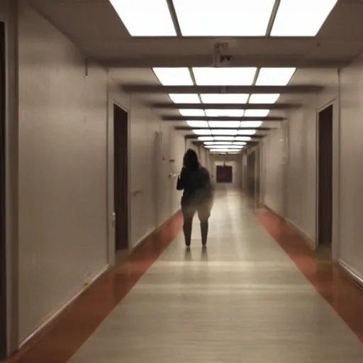 Image similar to dolly zoom stretch shot of a impossibly long hallway, moody lighting, smoke effects, strobe lights, particle effects, atmospheric - h 6 4 0