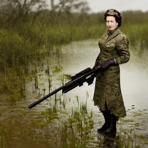 Image similar to cinematic shot of Queen Elizabeth II wearing combat armor and holding a rifle in a swamp, 8k, very detailed, very intricate, depth of field,