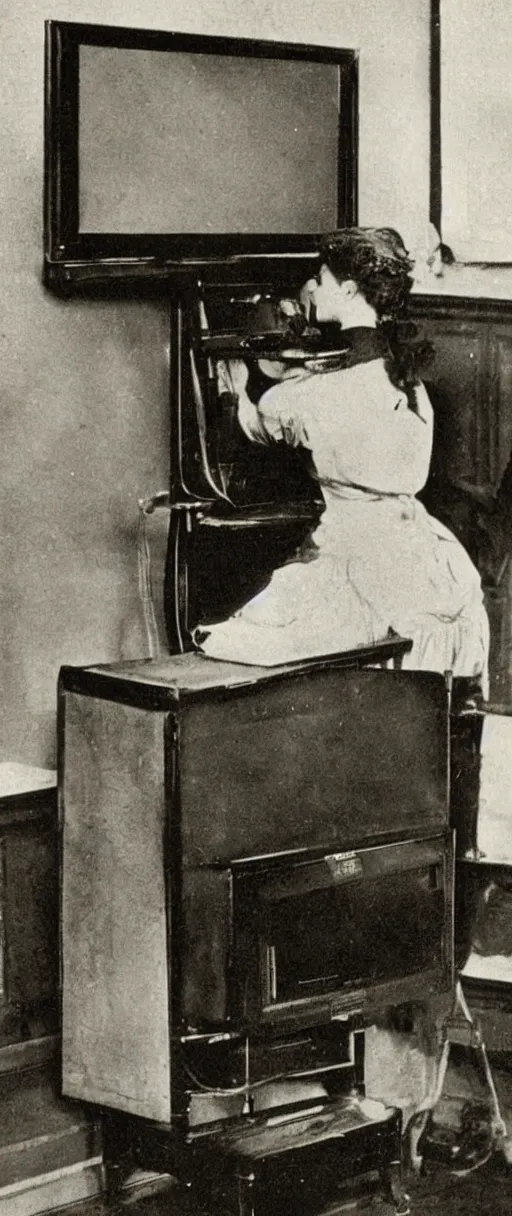 Image similar to 1 9 0 0 s photo of a person watching a flat screen hd tv