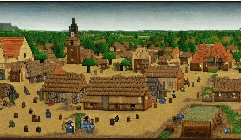 Image similar to a minecraft village, by pieter bruegel the elder