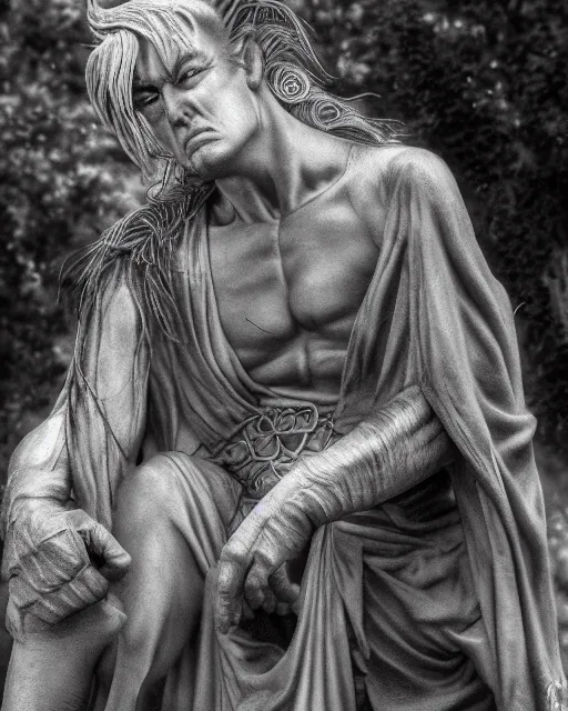 Image similar to award winning 5 5 mm portrait photo of trump as songok ssj 3, in a park by luis royo.