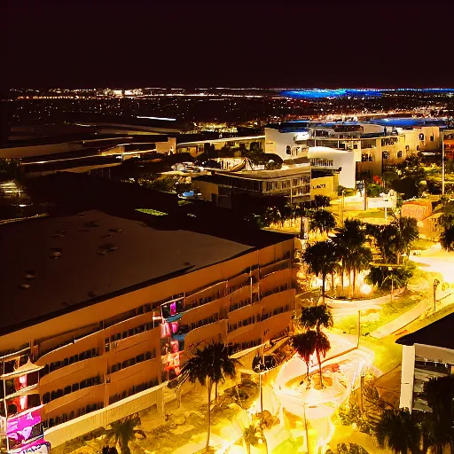 Prompt: an overview from 500 feet in the air of a small coastal Florida town at night, a still from an anime movie, clouds in the sky, downtown in the distance